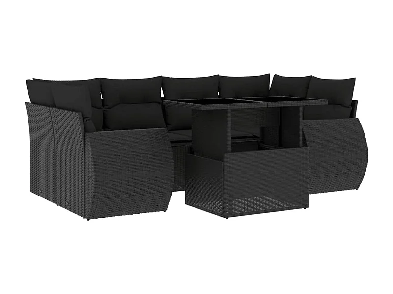 Salon de jardin 7 pcs avec coussins noir résine tressée