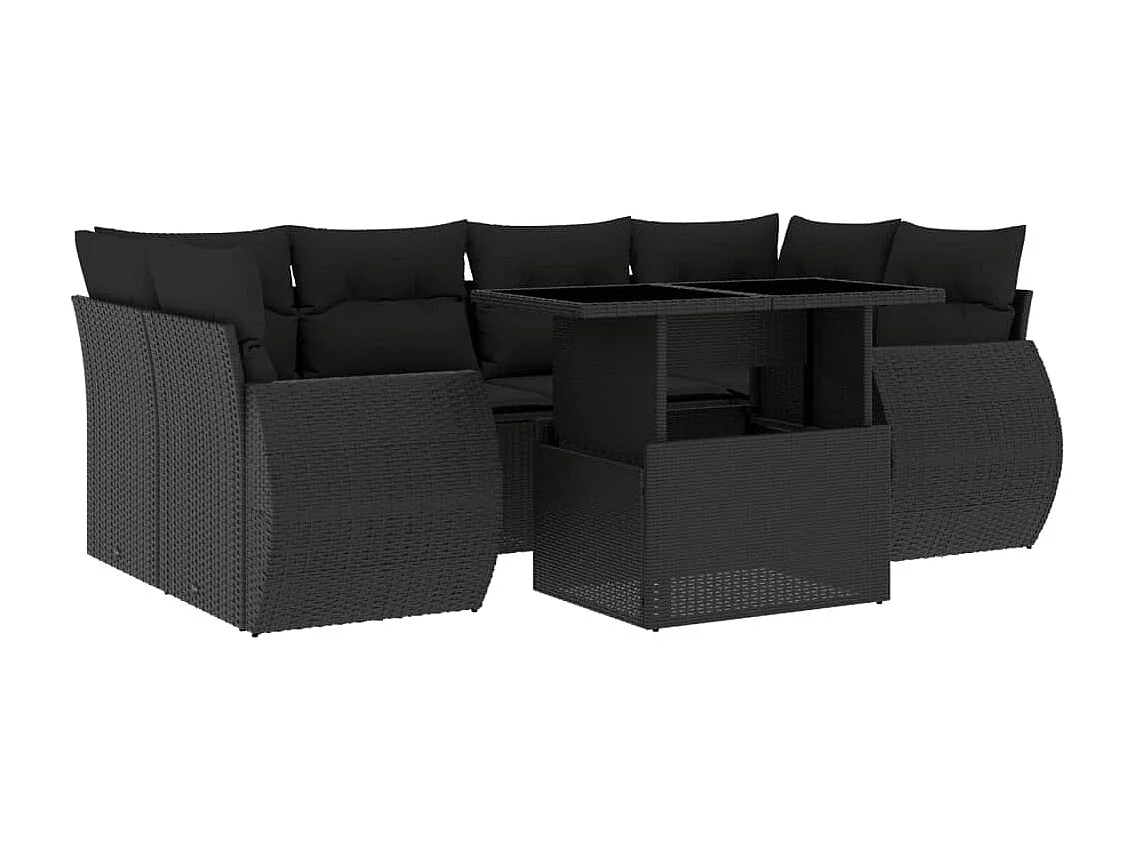 Salon de jardin 7 pcs avec coussins noir résine tressée