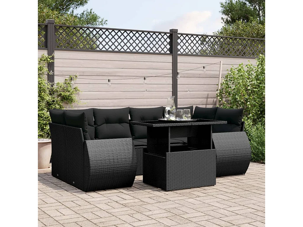 Salon de jardin 7 pcs avec coussins noir résine tressée