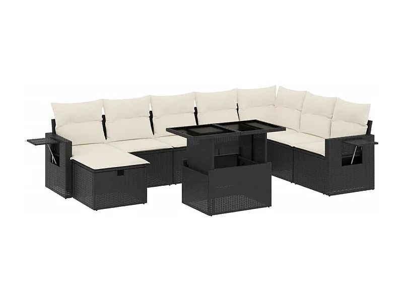 Salon de jardin 9 pcs avec coussins noir résine tressée