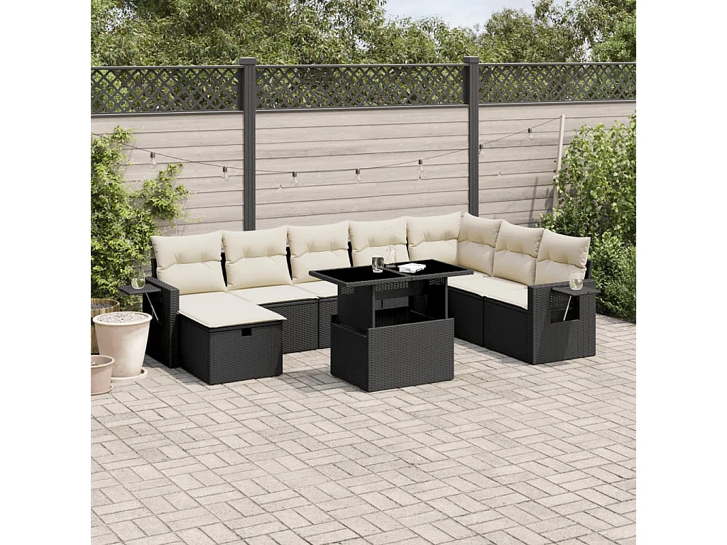 Salon de jardin 9 pcs avec coussins noir résine tressée