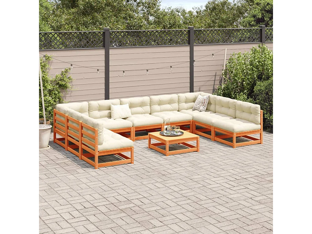 Salon de jardin 10pcs avec coussins cire marron bois pin massif