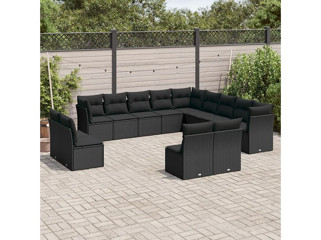 Salon de jardin avec coussins 13 pcs noir résine tressée