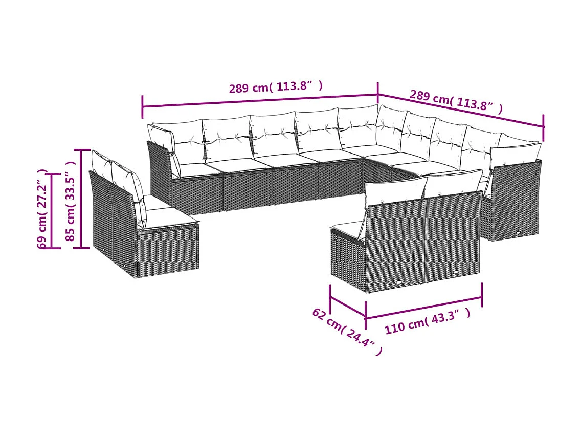 Salon de jardin avec coussins 13 pcs noir résine tressée