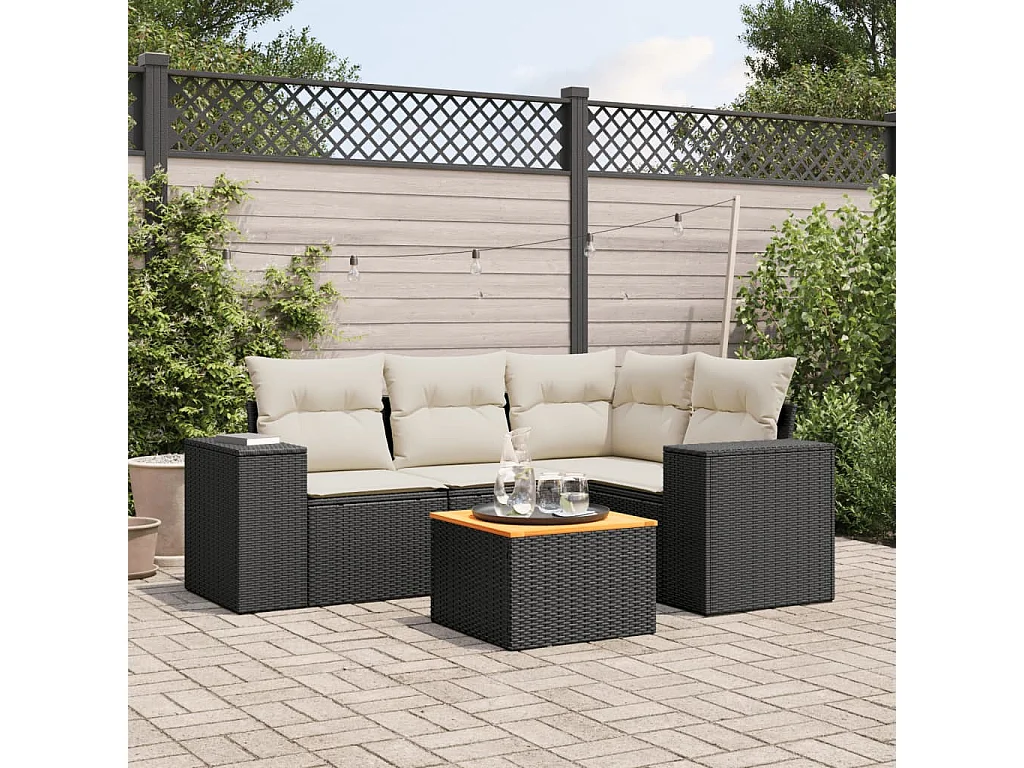 Salon de jardin 5 pcs avec coussins noir résine tressée