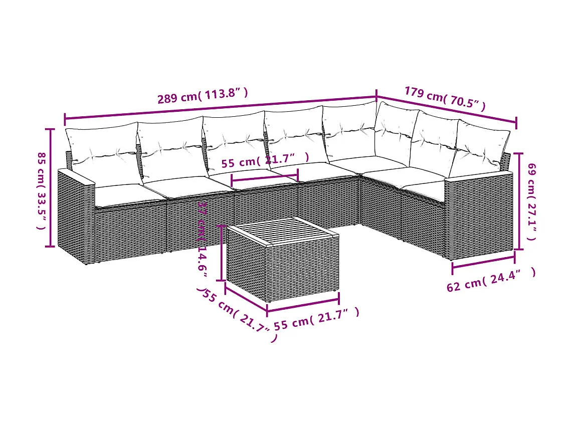Salon de jardin 8 pcs avec coussins noir résine tressée