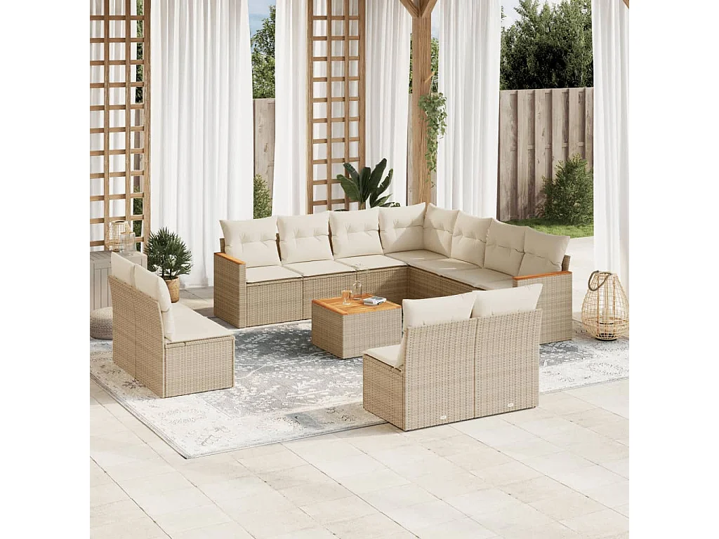Salon de jardin avec coussins 12 pcs beige résine tressée