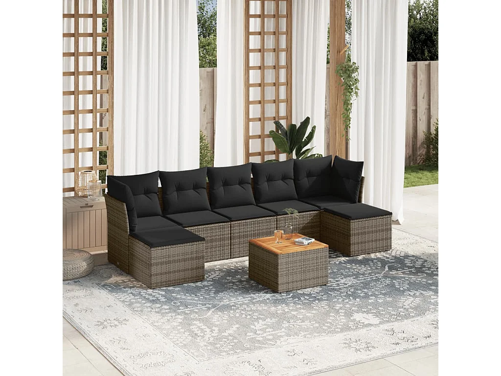 Salon de jardin 8 pcs avec coussins gris résine tressée