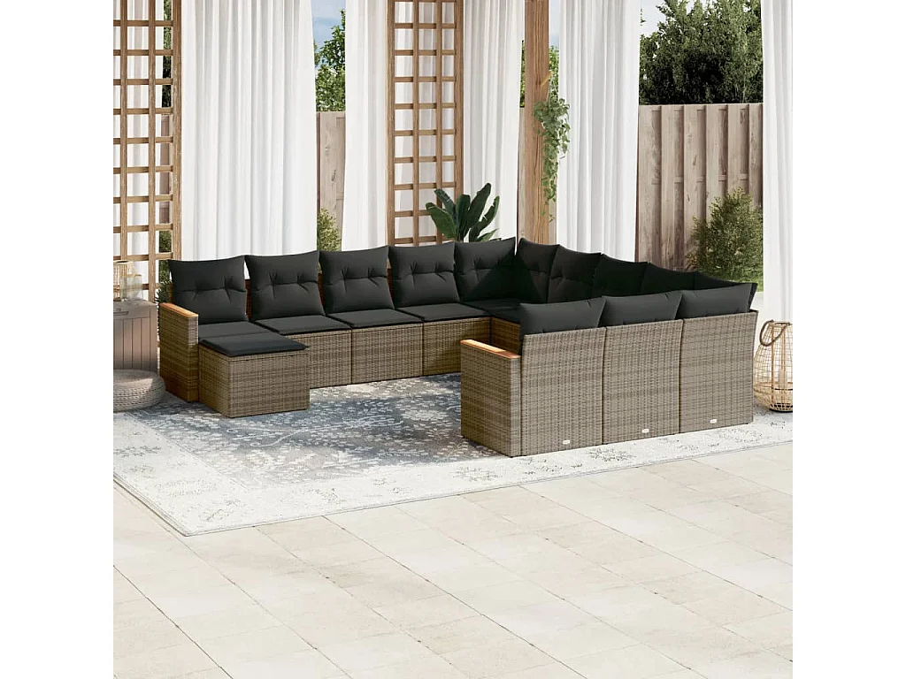 Salon de jardin avec coussins 12 pcs gris résine tressée