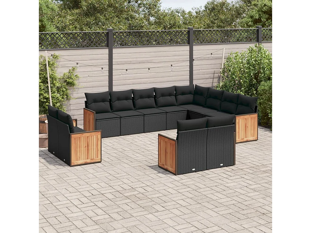 Salon de jardin 12 pcs avec coussins noir résine tressée