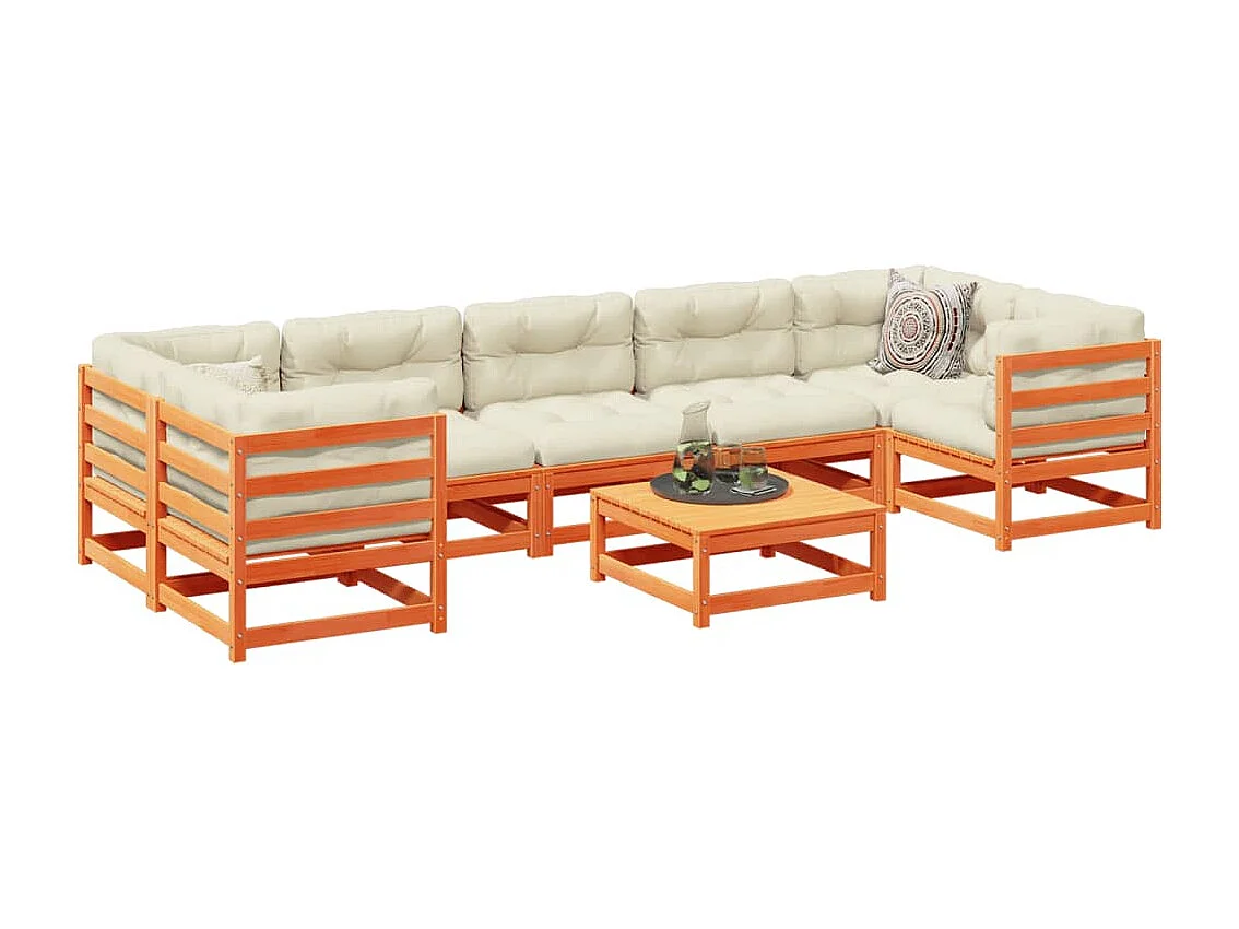Salon de jardin 8 pcs avec coussins marron cire bois pin massif