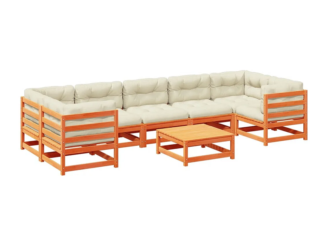 Salon de jardin 8 pcs avec coussins marron cire bois pin massif