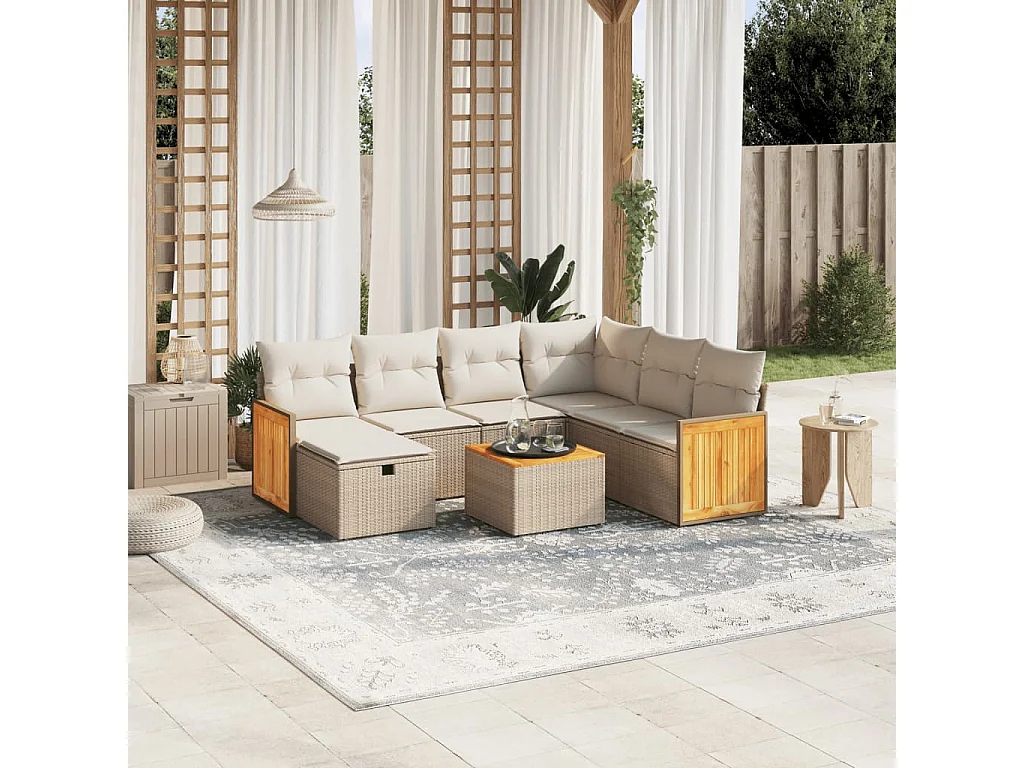 Salon de jardin avec coussins 8 pcs beige résine tressée