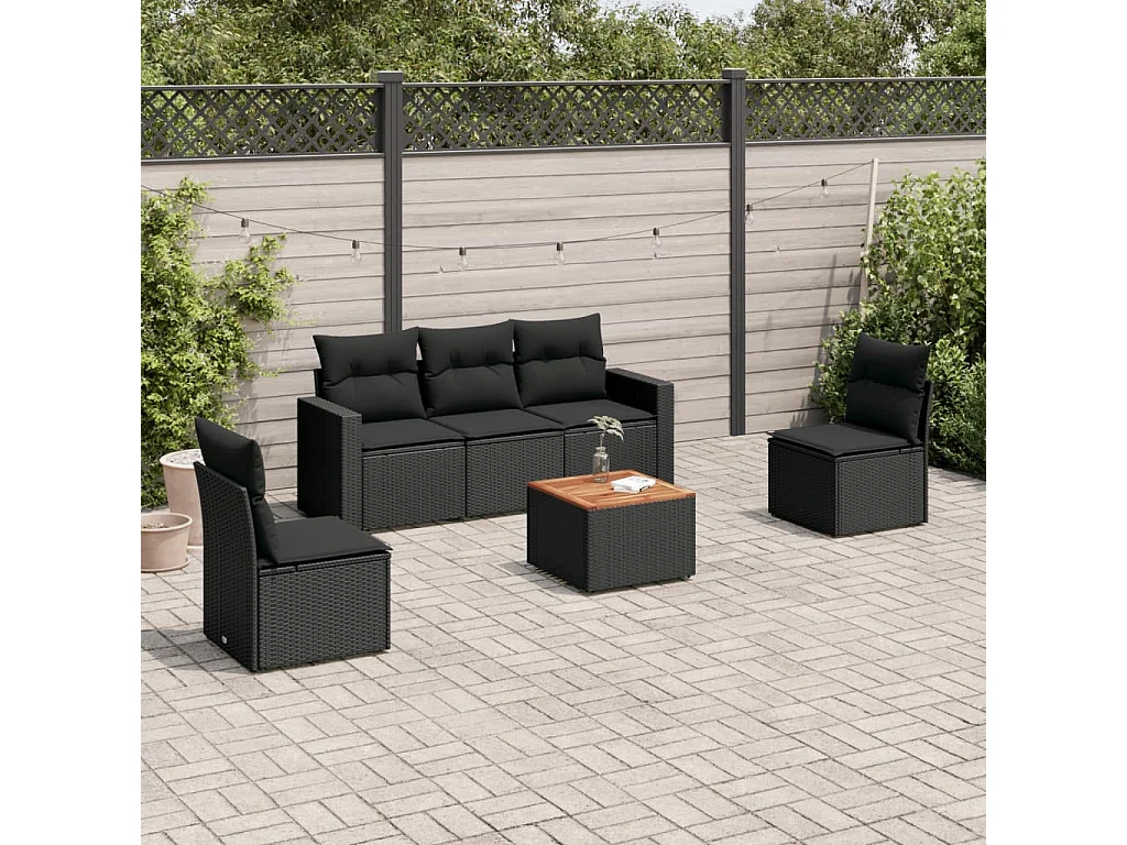 Salon de jardin 6 pcs avec coussins noir résine tressée