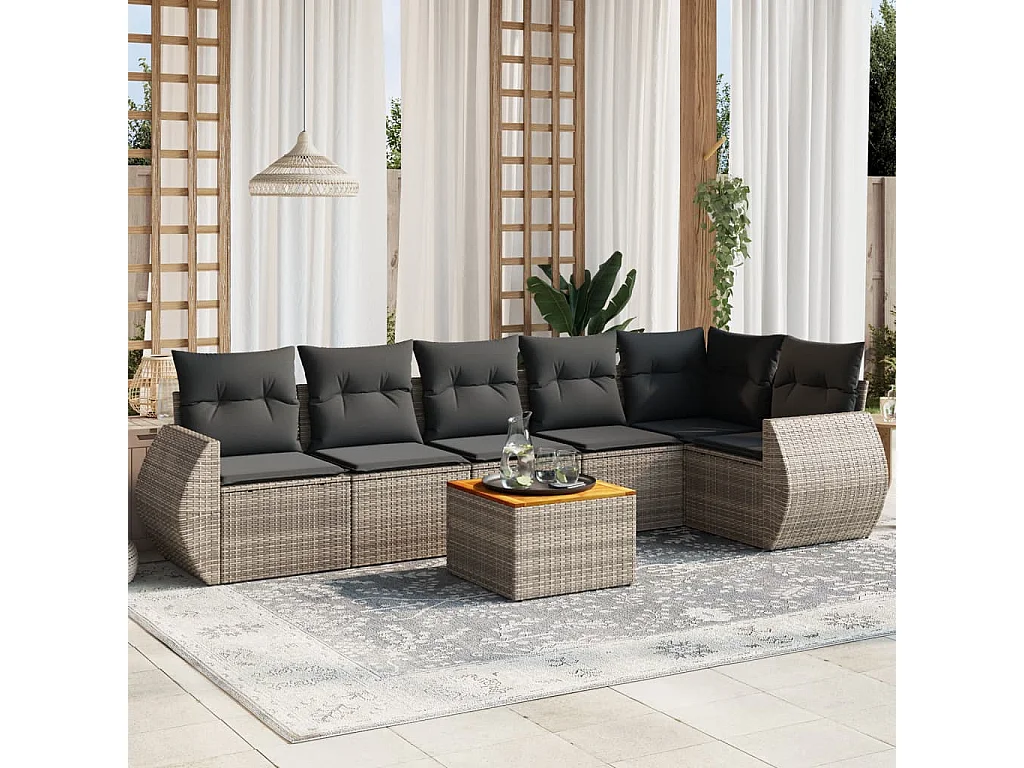 Salon de jardin avec coussins 7 pcs gris résine tressée