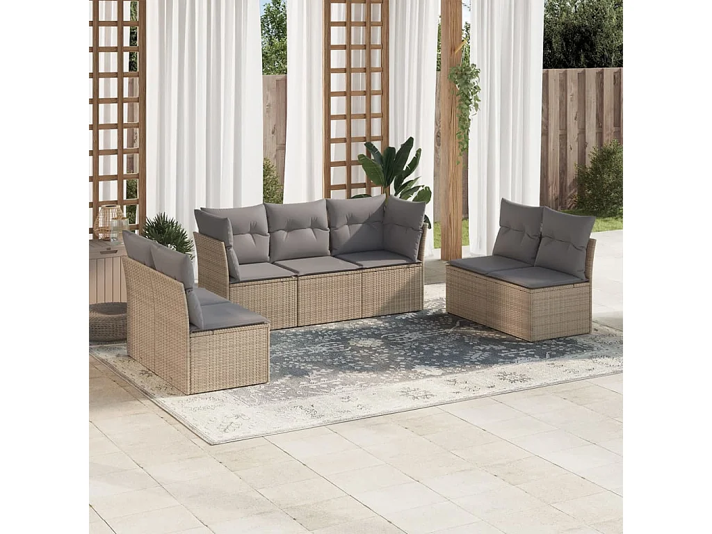 Salon de jardin avec coussins 7 pcs beige résine tressée