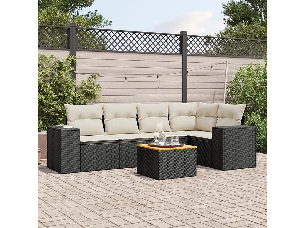 Salon de jardin 6 pcs avec coussins noir résine tressée
