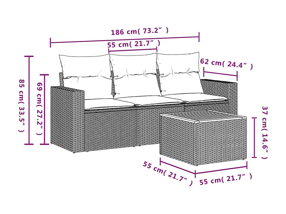 Salon de jardin avec coussins 4 pcs beige résine tressée