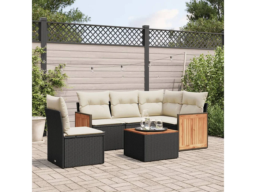 Salon de jardin 6 pcs avec coussins noir résine tressée