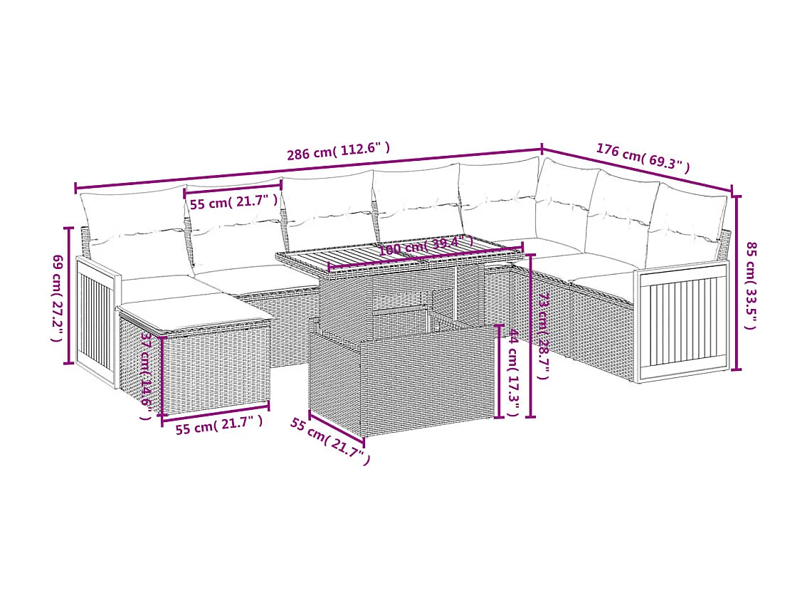Salon de jardin 9 pcs avec coussins noir résine tressée