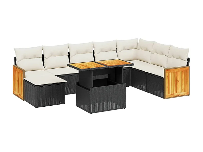 Salon de jardin 9 pcs avec coussins noir résine tressée