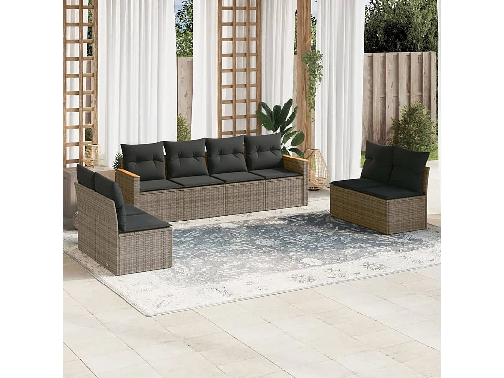 Salon de jardin 8 pcs avec coussins gris résine tressée