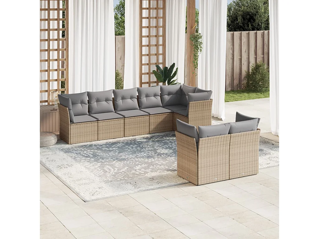Salon de jardin avec coussins 8 pcs beige résine tressée