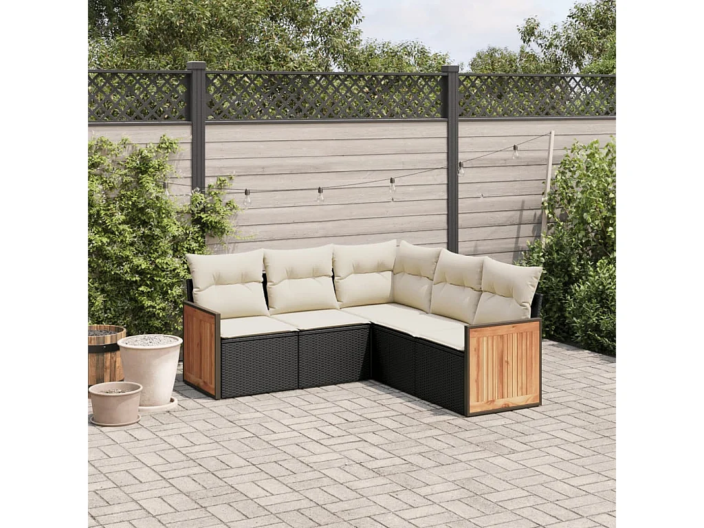 Salon de jardin 5 pcs avec coussins noir résine tressée