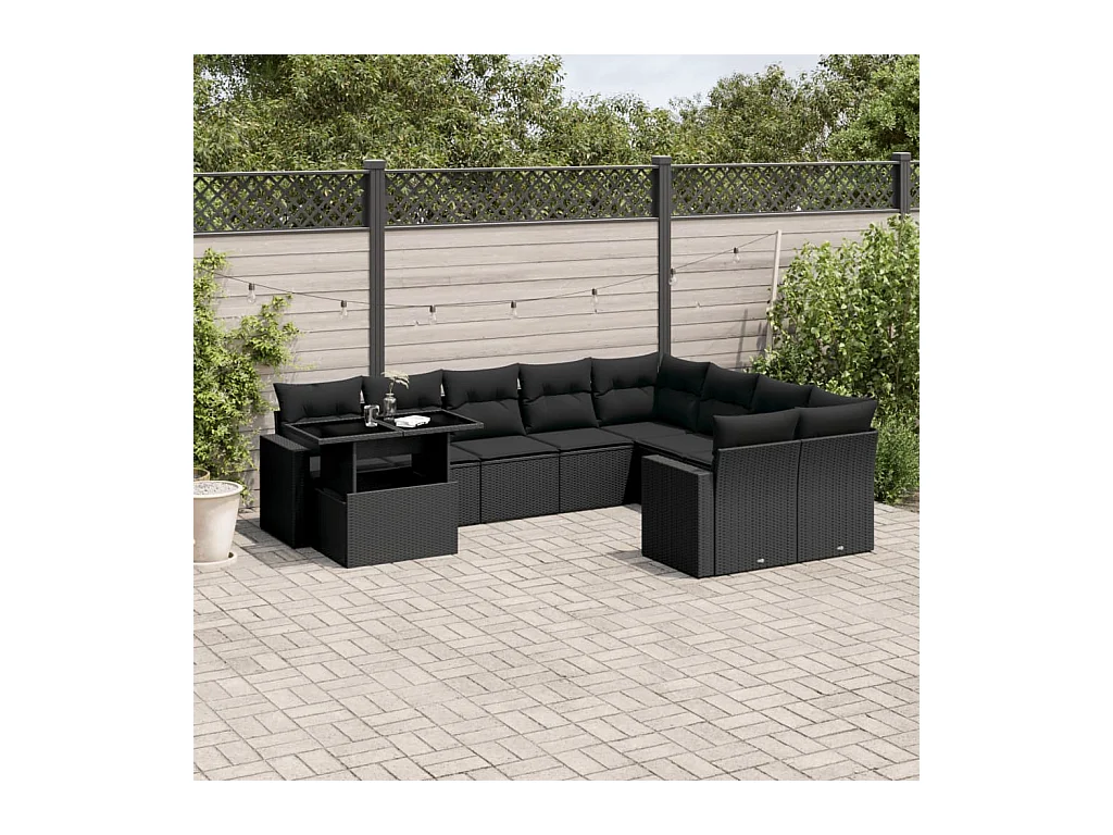 Salon de jardin 10 pcs avec coussins noir résine tressée