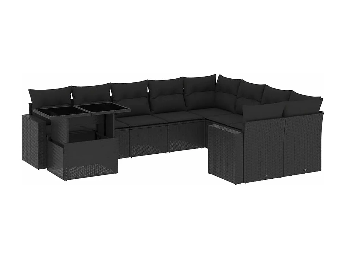 Salon de jardin 10 pcs avec coussins noir résine tressée