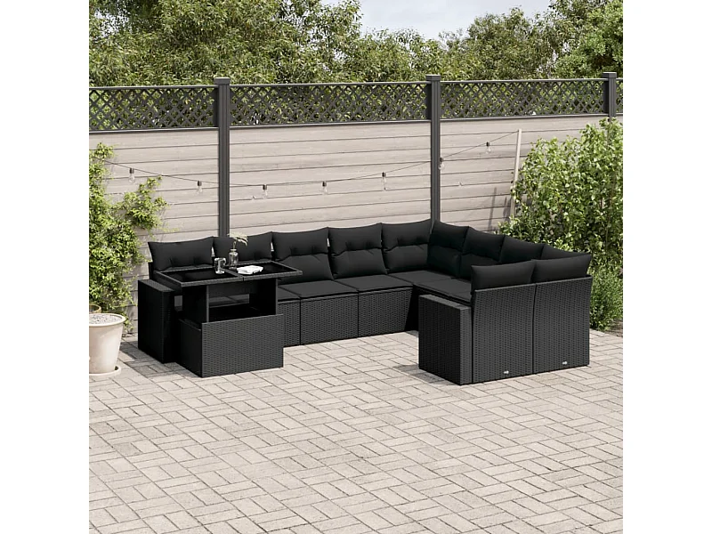 Salon de jardin 10 pcs avec coussins noir résine tressée