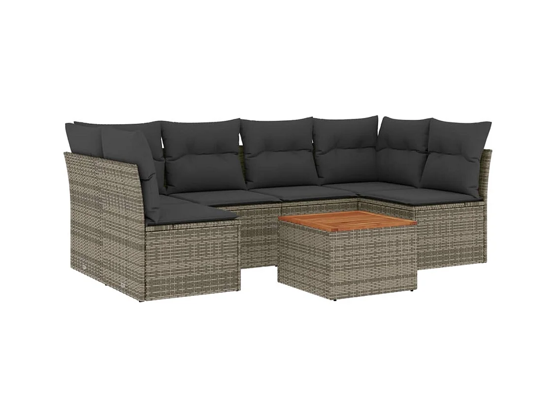 Salon de jardin avec coussins 7 pcs gris résine tressée