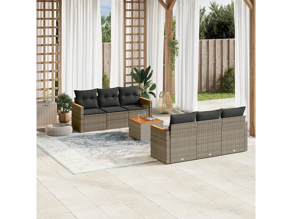 Salon de jardin avec coussins 7 pcs gris résine tressée