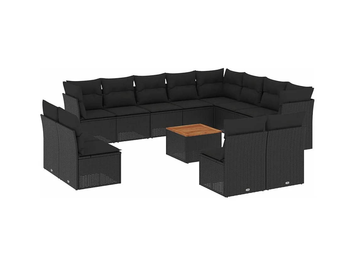 Salon de jardin avec coussins 13 pcs noir résine tressée