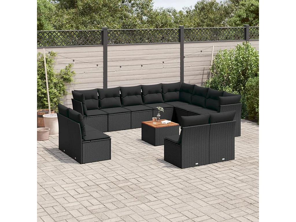 Salon de jardin avec coussins 13 pcs noir résine tressée