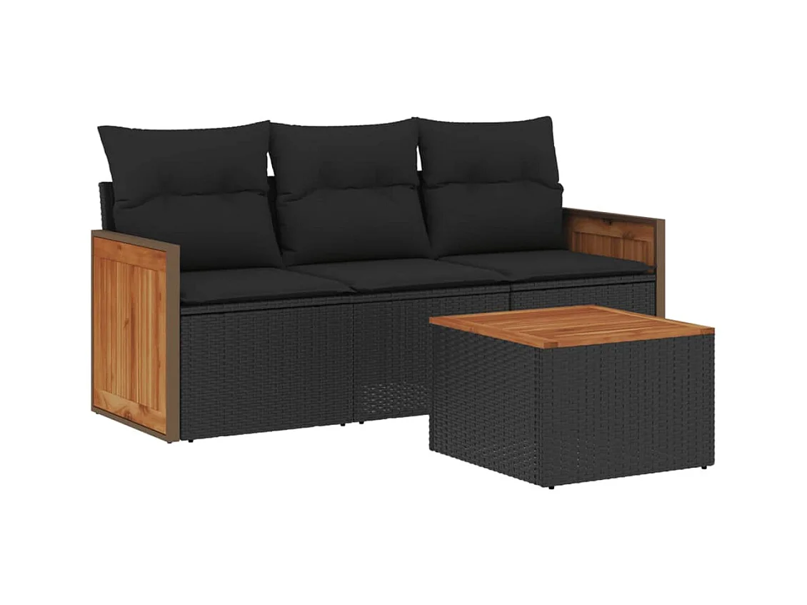 Salon de jardin 4 pcs avec coussins noir résine tressée