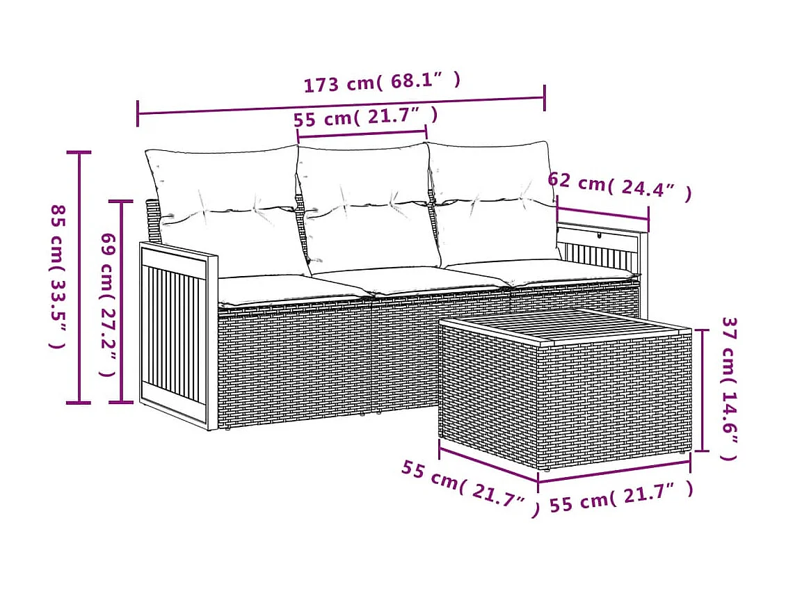 Salon de jardin 4 pcs avec coussins noir résine tressée