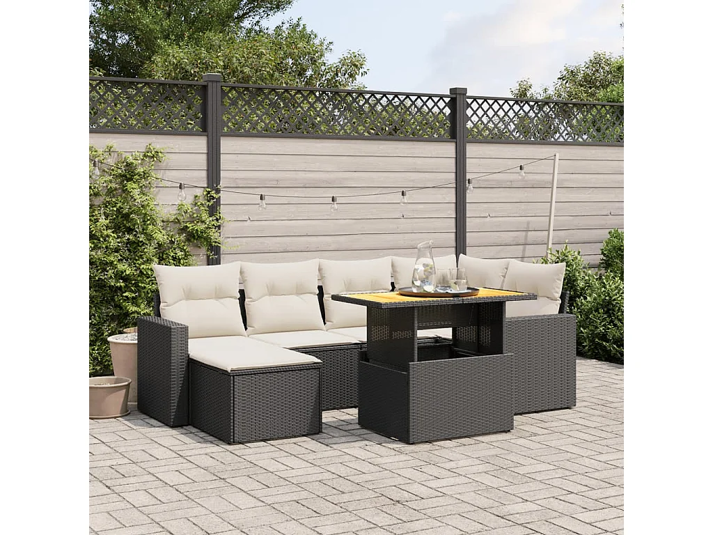 Salon de jardin 7 pcs avec coussins noir résine tressée