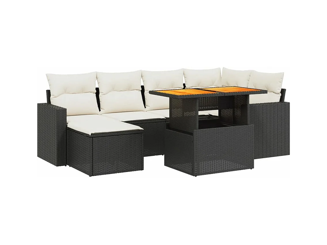 Salon de jardin 7 pcs avec coussins noir résine tressée