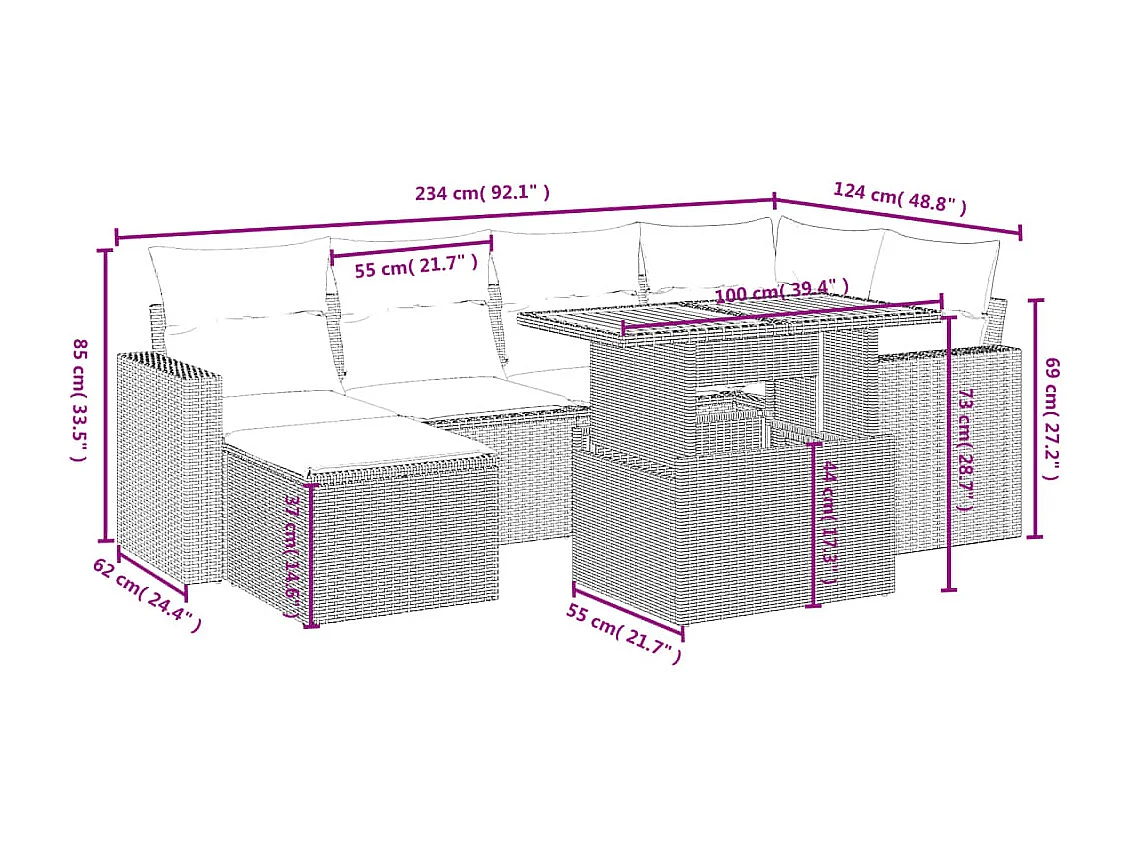 Salon de jardin 7 pcs avec coussins noir résine tressée