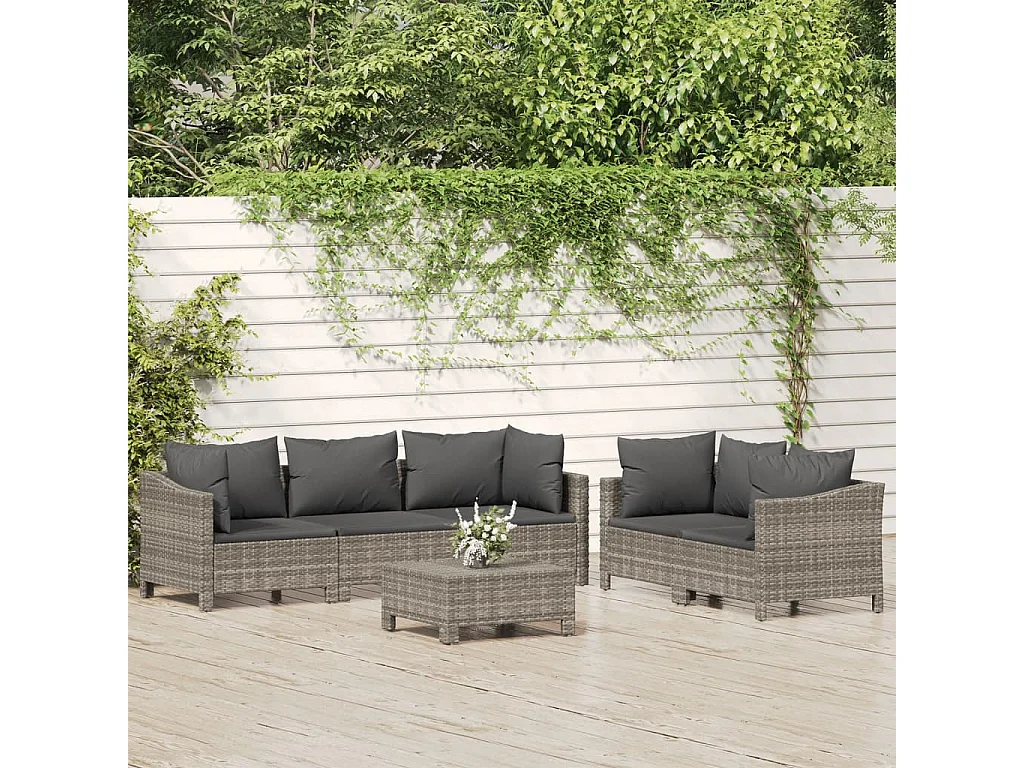 Salon de jardin 6 pcs avec coussins Gris Résine tressée