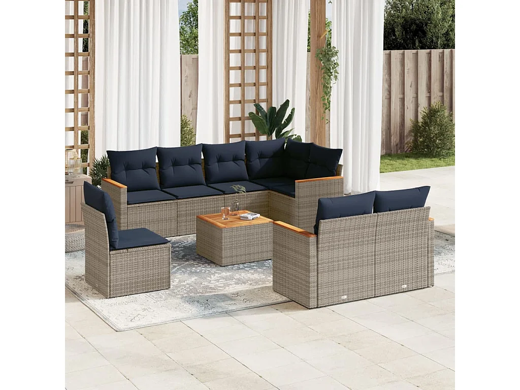 Salon de jardin 9 pcs avec coussins gris résine tressée