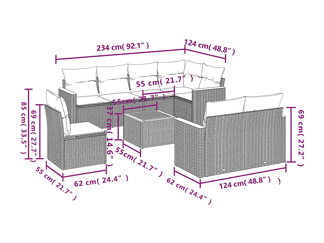 Salon de jardin 9 pcs avec coussins gris résine tressée