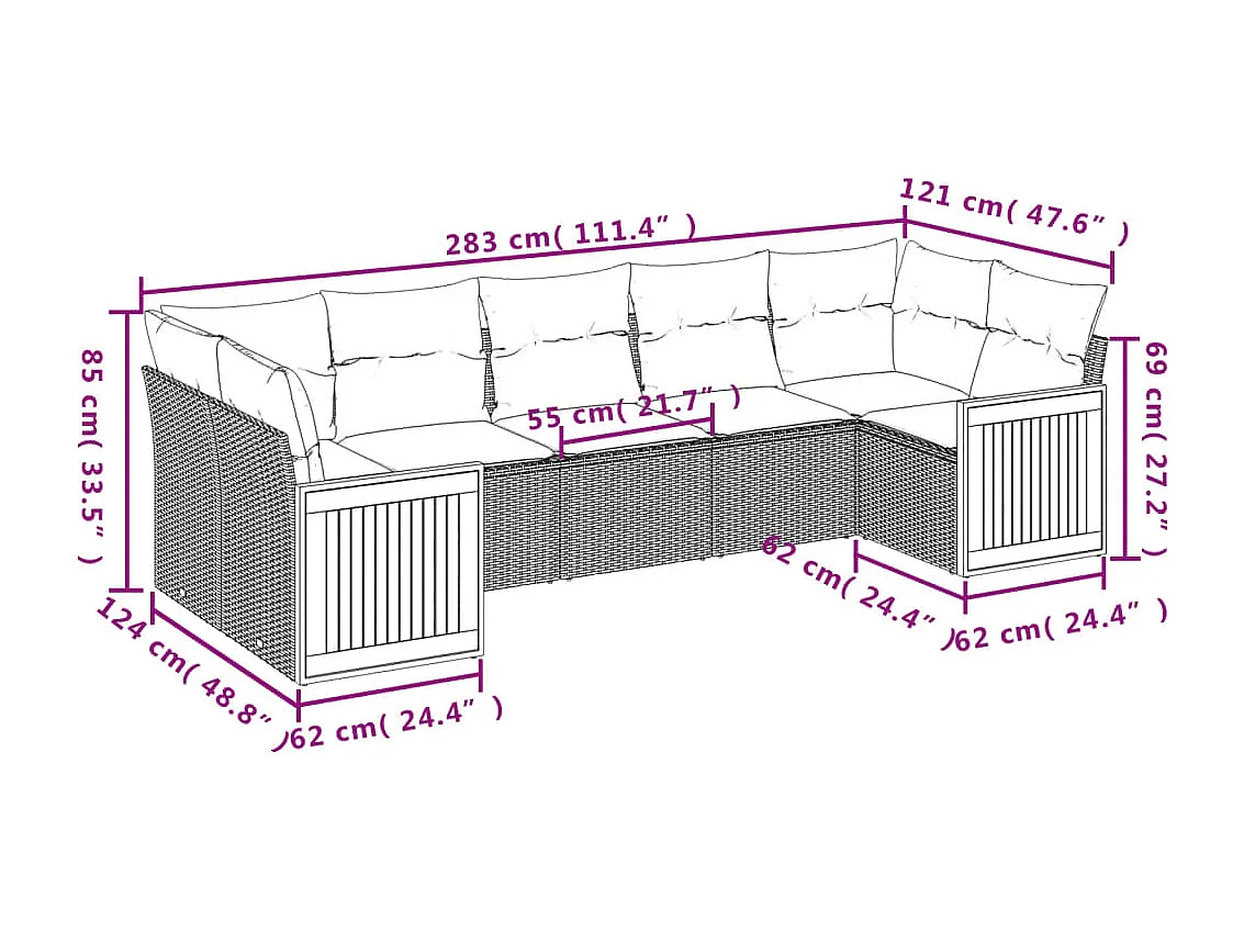 Salon de jardin 7 pcs avec coussins noir résine tressée