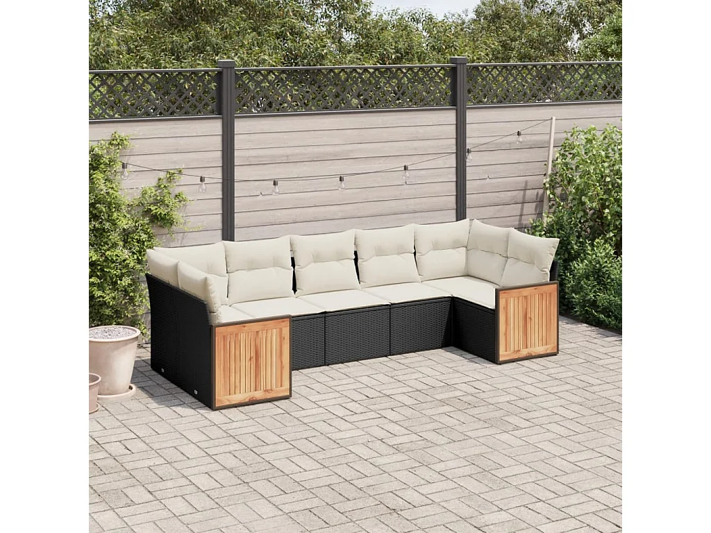 Salon de jardin 7 pcs avec coussins noir résine tressée