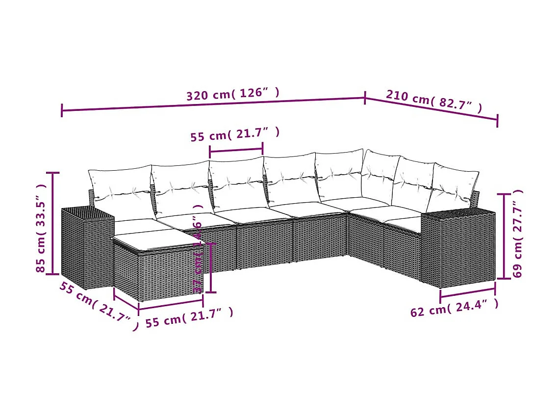 Salon de jardin 8 pcs avec coussins noir résine tressée