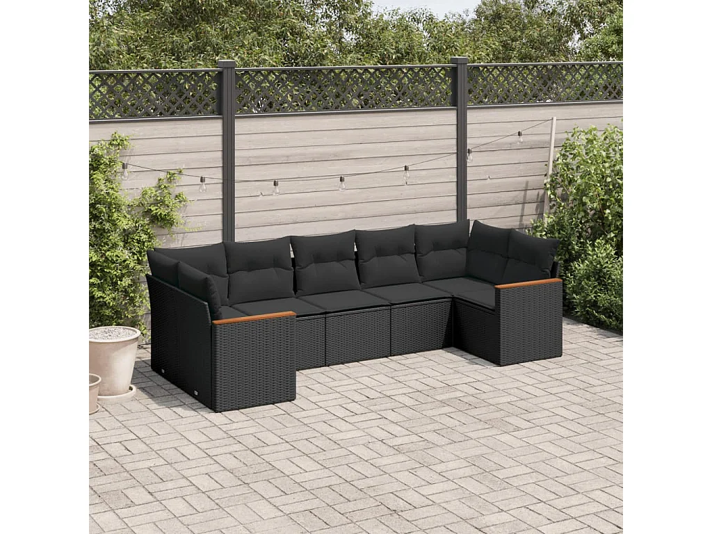 Salon de jardin 7 pcs avec coussins noir résine tressée