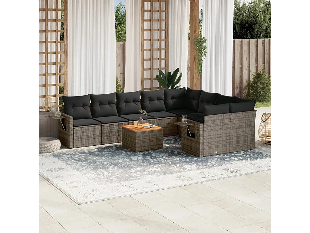 Salon de jardin avec coussins 10 pcs gris résine tressée