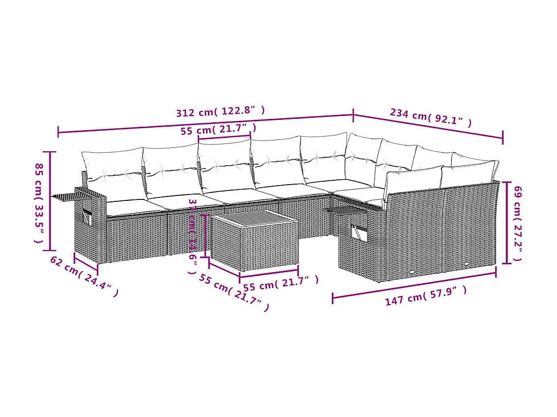 Salon de jardin avec coussins 10 pcs gris résine tressée