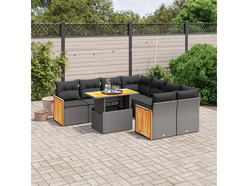 Salon de jardin 9 pcs avec coussins noir résine tressée